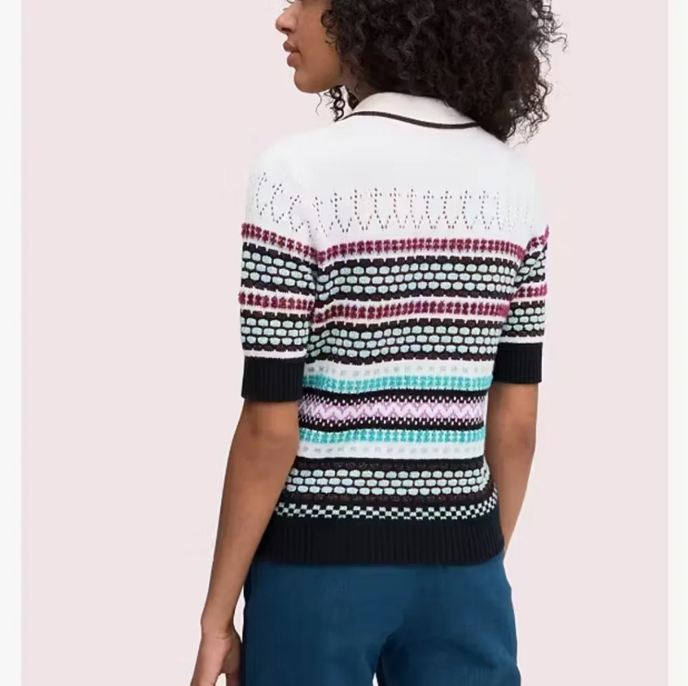 kate spade Multicolor Striped Knit Polo Sweater - White, Black, Pink, Teal, Navy